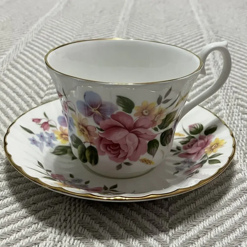 Royal Sutherland HM Fine Bone China Pink Rose Floral Teacup and Saucer Set